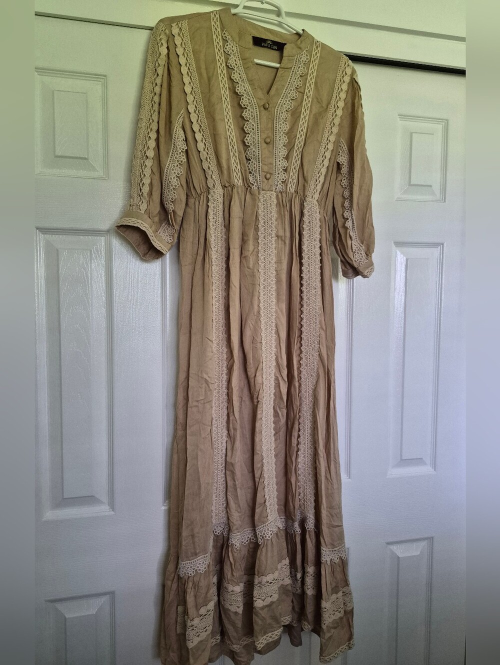 NEW Papa Pia Maxi Boho Dress Sand Embroidered 100% Viscose Sz XS
